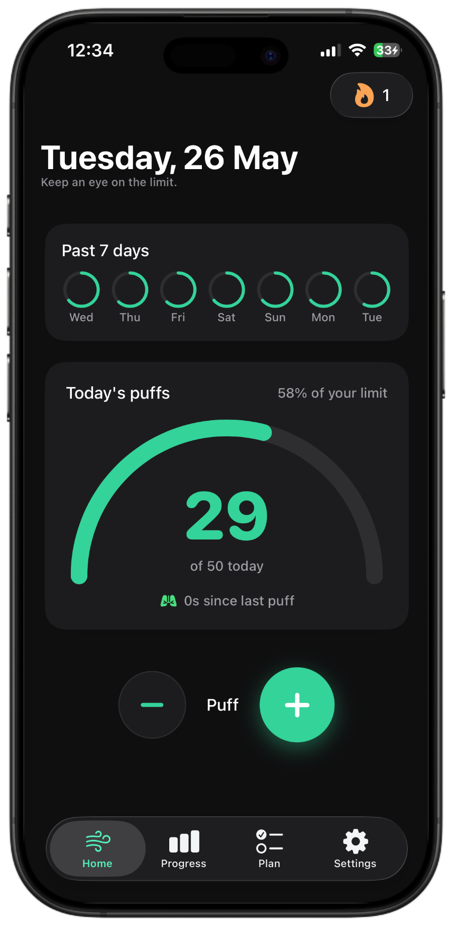 Puff Logger home screen — today's puff count, 7-day streak, and progress gauge